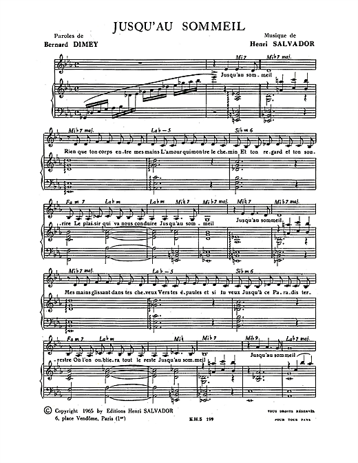 Preview Henri Salvador Jusqu'au Sommeil Pop sheet music, notes and chords for Piano & Vocal, SKU: 115097 sheet music, piano notes, chords, guitar tabs, score, transpose, transcribe, how to play, guide, download, learn, tutorial, progression, song, artist, awards, billboard, mtv, vh1, tour, single, album, release
