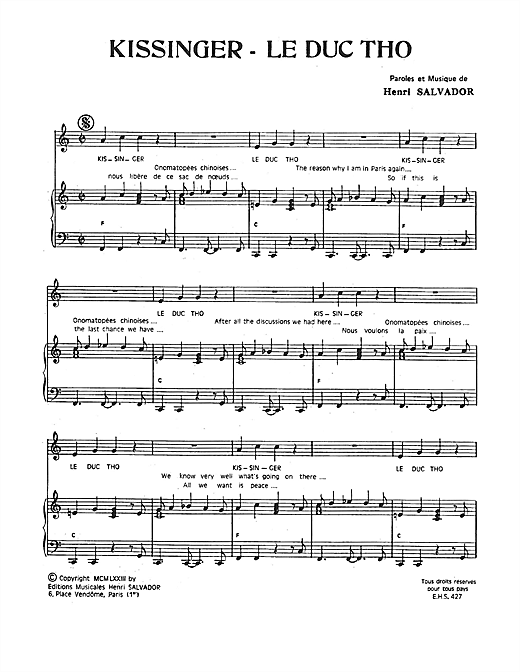 Preview Henri Salvador Kissinger - Le Duc Tho Pop sheet music, notes and chords for Piano & Vocal, SKU: 115098 sheet music, piano notes, chords, guitar tabs, score, transpose, transcribe, how to play, guide, download, learn, tutorial, progression, song, artist, awards, billboard, mtv, vh1, tour, single, album, release