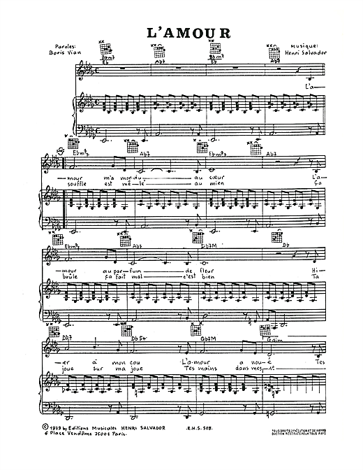 Preview Henri Salvador L'Amour Pop sheet music, notes and chords for Piano, Vocal & Guitar, SKU: 114811 sheet music, piano notes, chords, guitar tabs, score, transpose, transcribe, how to play, guide, download, learn, tutorial, progression, song, artist, awards, billboard, mtv, vh1, tour, single, album, release