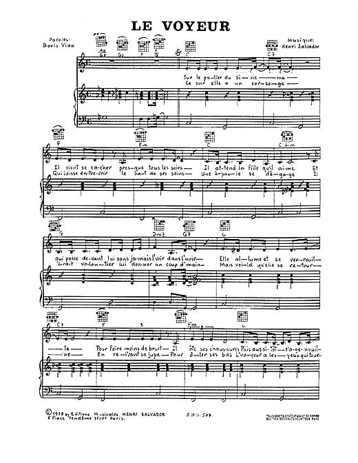 Preview Henri Salvador Le Voyeur Pop sheet music, notes and chords for Piano, Vocal & Guitar, SKU: 114806 sheet music, piano notes, chords, guitar tabs, score, transpose, transcribe, how to play, guide, download, learn, tutorial, progression, song, artist, awards, billboard, mtv, vh1, tour, single, album, release