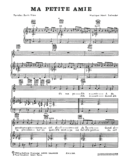 Preview Henri Salvador Ma Petite Amie Pop sheet music, notes and chords for Piano, Vocal & Guitar, SKU: 114807 sheet music, piano notes, chords, guitar tabs, score, transpose, transcribe, how to play, guide, download, learn, tutorial, progression, song, artist, awards, billboard, mtv, vh1, tour, single, album, release
