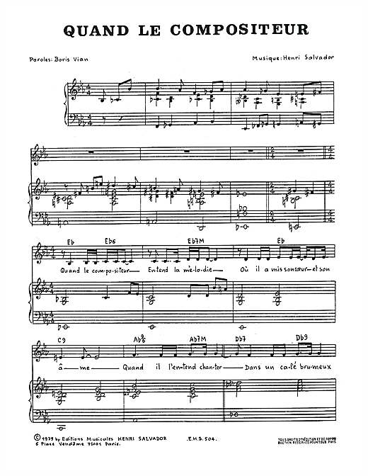 Preview Henri Salvador Quand Le Compositeur Pop sheet music, notes and chords for Piano, Vocal & Guitar, SKU: 114808 sheet music, piano notes, chords, guitar tabs, score, transpose, transcribe, how to play, guide, download, learn, tutorial, progression, song, artist, awards, billboard, mtv, vh1, tour, single, album, release