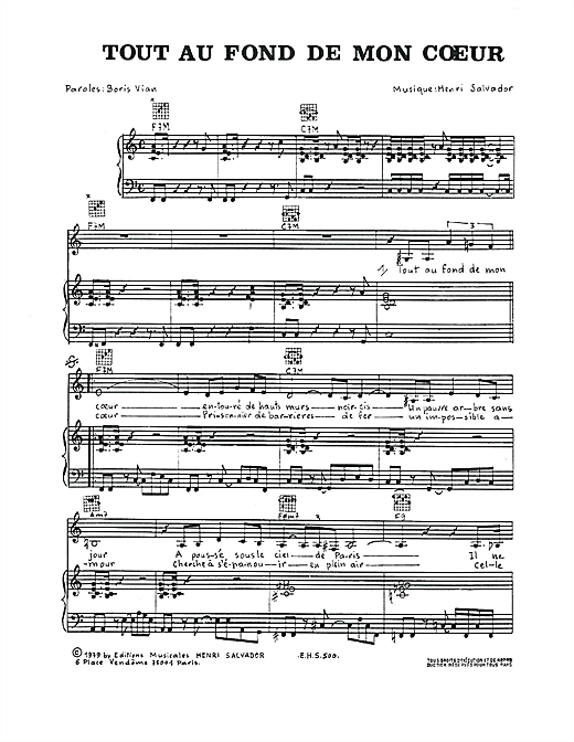 Preview Henri Salvador Tout Au Fond De Mon Coeur Pop sheet music, notes and chords for Piano, Vocal & Guitar, SKU: 114809 sheet music, piano notes, chords, guitar tabs, score, transpose, transcribe, how to play, guide, download, learn, tutorial, progression, song, artist, awards, billboard, mtv, vh1, tour, single, album, release