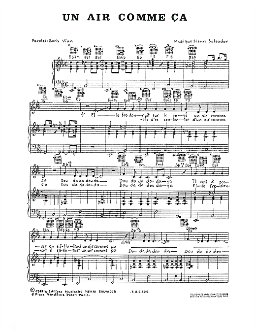 Preview Henri Salvador Un Air Comme Ca Pop sheet music, notes and chords for Piano, Vocal & Guitar, SKU: 114810 sheet music, piano notes, chords, guitar tabs, score, transpose, transcribe, how to play, guide, download, learn, tutorial, progression, song, artist, awards, billboard, mtv, vh1, tour, single, album, release