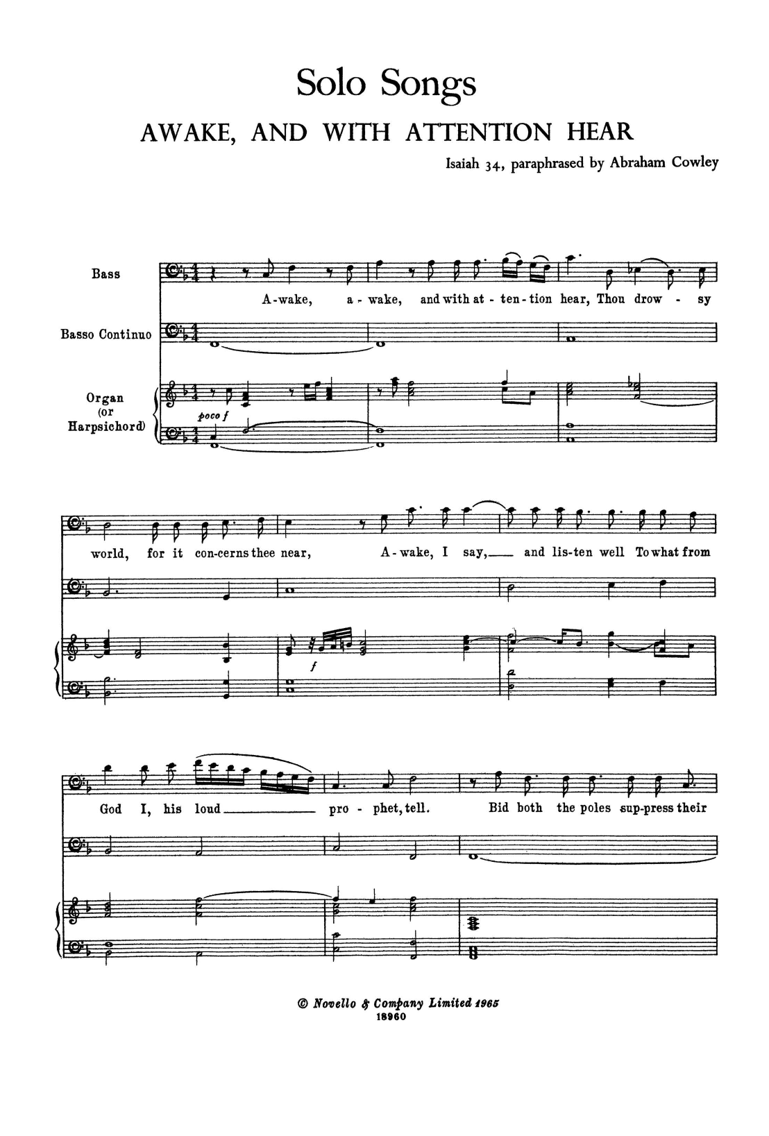 Henry Purcell Awake, and with Attention Hear (for Voice, Bass Continuo and Harpsichord) Sheet Music & Chords for Piano & Vocal - Download or Print PDF