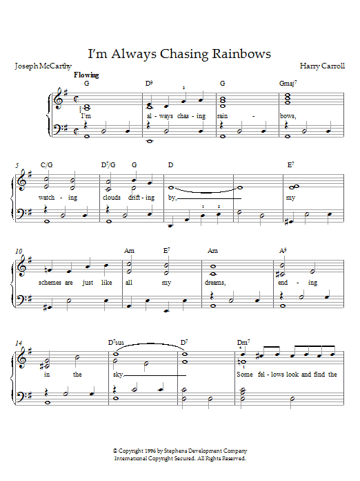 Preview Henry Carroll I'm Always Chasing Rainbows Pop sheet music, notes and chords for Piano, SKU: 21535 sheet music, piano notes, chords, guitar tabs, score, transpose, transcribe, how to play, guide, download, learn, tutorial, progression, song, artist, awards, billboard, mtv, vh1, tour, single, album, release