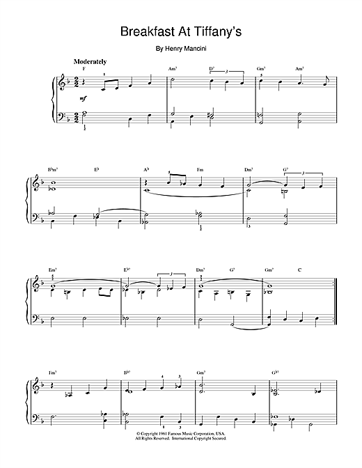Preview Henry Mancini Breakfast At Tiffany's Film and TV sheet music, notes and chords for Piano, SKU: 17396 sheet music, piano notes, chords, guitar tabs, score, transpose, transcribe, how to play, guide, download, learn, tutorial, progression, song, artist, awards, billboard, mtv, vh1, tour, single, album, release