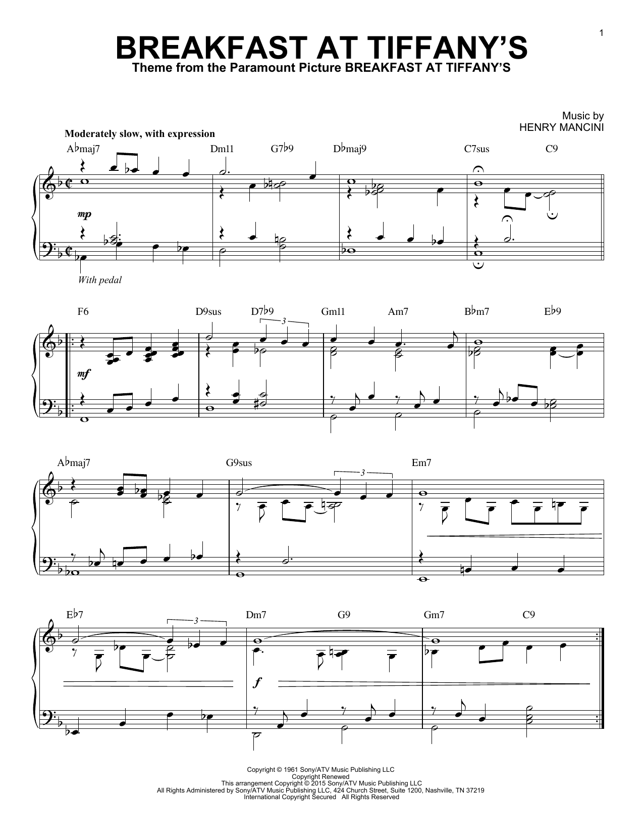 Breakfast At Tiffany S Sheet Music Notes Henry Mancini Chords