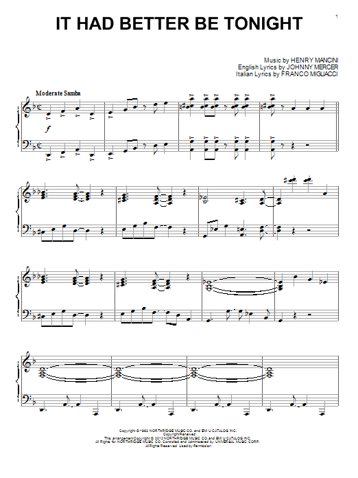 Preview Henry Mancini It Had Better Be Tonight Film and TV sheet music, notes and chords for Piano, SKU: 98791 sheet music, piano notes, chords, guitar tabs, score, transpose, transcribe, how to play, guide, download, learn, tutorial, progression, song, artist, awards, billboard, mtv, vh1, tour, single, album, release