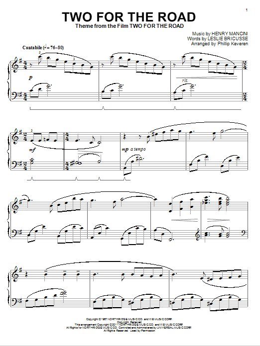 Preview Henry Mancini Two For The Road Easy Listening sheet music, notes and chords for Melody Line, Lyrics & Chords, SKU: 108133 sheet music, piano notes, chords, guitar tabs, score, transpose, transcribe, how to play, guide, download, learn, tutorial, progression, song, artist, awards, billboard, mtv, vh1, tour, single, album, release