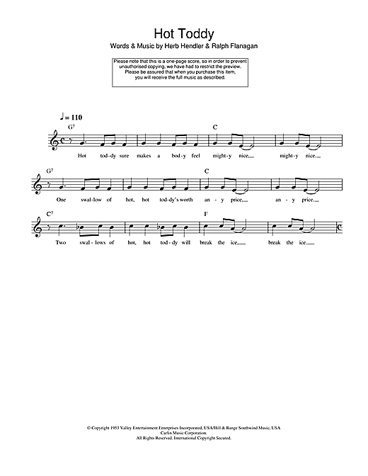 Preview Herb Hendler Hot Toddy Easy Listening sheet music, notes and chords for Melody Line, Lyrics & Chords, SKU: 108221 sheet music, piano notes, chords, guitar tabs, score, transpose, transcribe, how to play, guide, download, learn, tutorial, progression, song, artist, awards, billboard, mtv, vh1, tour, single, album, release
