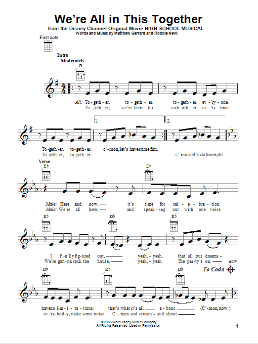 Preview High School Musical We're All In This Together Pop sheet music, notes and chords for Piano, SKU: 86639 sheet music, piano notes, chords, guitar tabs, score, transpose, transcribe, how to play, guide, download, learn, tutorial, progression, song, artist, awards, billboard, mtv, vh1, tour, single, album, release