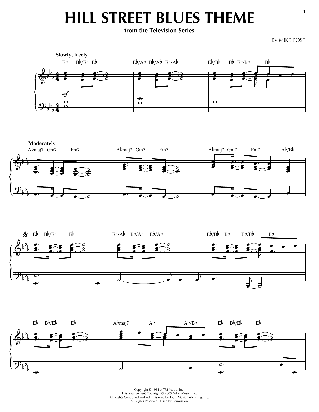 Preview Mike Post Hill Street Blues Theme Film and TV sheet music, notes and chords for Piano, SKU: 24273 sheet music, piano notes, chords, guitar tabs, score, transpose, transcribe, how to play, guide, download, learn, tutorial, progression, song, artist, awards, billboard, mtv, vh1, tour, single, album, release