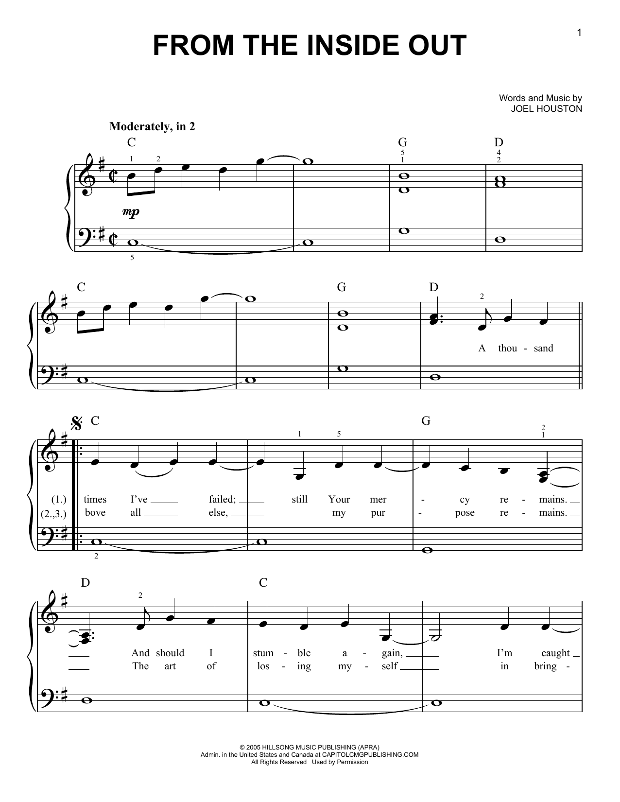 Download Joel Houston From The Inside Out sheet music and printable PDF score & Pop music notes