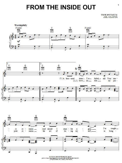 Preview Hillsong United From The Inside Out Pop sheet music, notes and chords for Piano, Vocal & Guitar (Right-Hand Melody), SKU: 62421 sheet music, piano notes, chords, guitar tabs, score, transpose, transcribe, how to play, guide, download, learn, tutorial, progression, song, artist, awards, billboard, mtv, vh1, tour, single, album, release