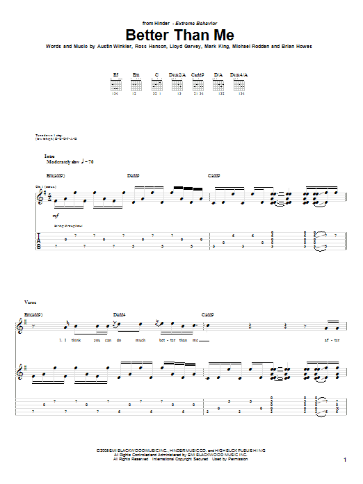 Download Hinder Better Than Me sheet music and printable PDF score & Rock music notes