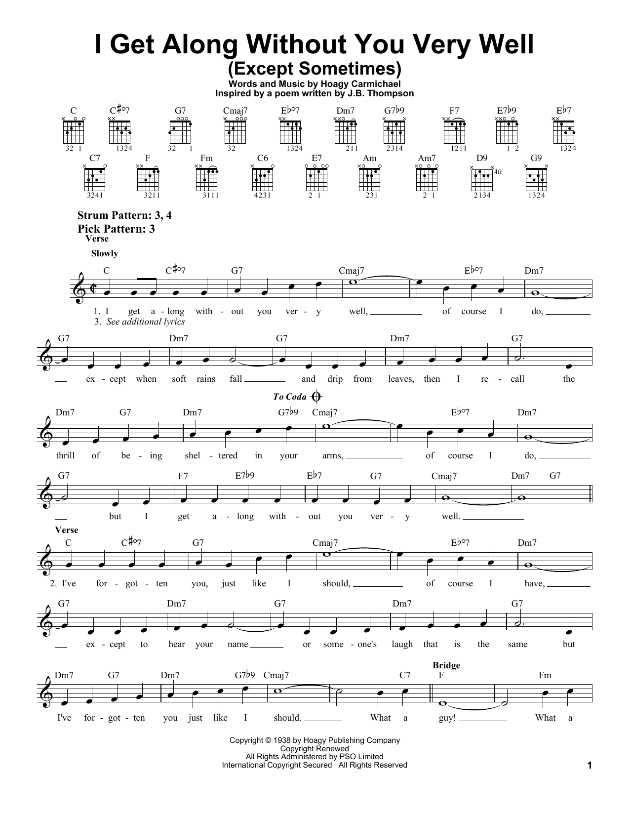 Preview Hoagy Carmichael I Get Along Without You Very Well (Except Sometimes) Jazz sheet music, notes and chords for Piano, Vocal & Guitar (Right-Hand Melody), SKU: 21586 Download Hoagy Carmichael I Get Along Without You Very Well (Except Sometimes) sheet music and printable PDF score & Jazz music notes