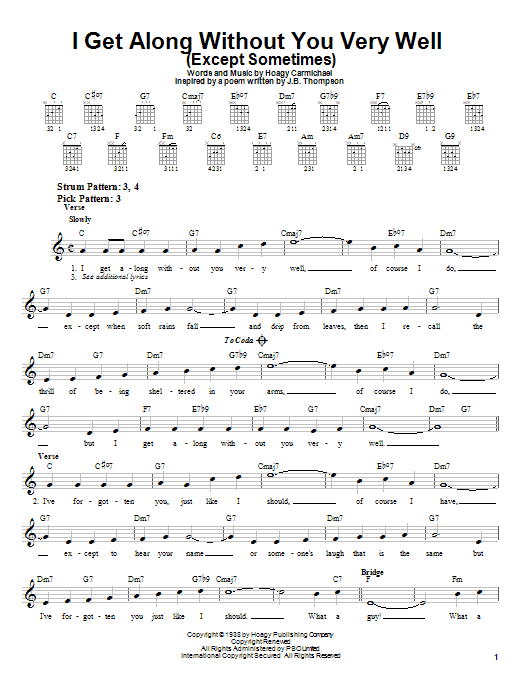 Preview Hoagy Carmichael I Get Along Without You Very Well (Except Sometimes) Jazz sheet music, notes and chords for Piano, Vocal & Guitar (Right-Hand Melody), SKU: 21586 sheet music, piano notes, chords, guitar tabs, score, transpose, transcribe, how to play, guide, download, learn, tutorial, progression, song, artist, awards, billboard, mtv, vh1, tour, single, album, release
