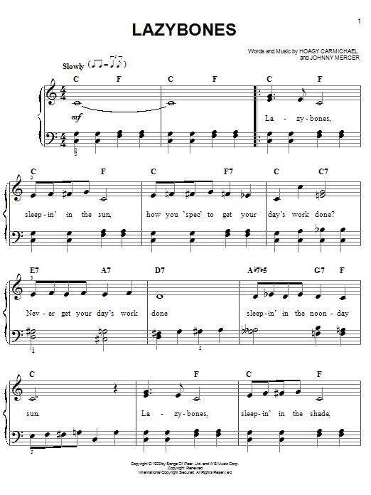 Preview Hoagy Carmichael Lazybones Country sheet music, notes and chords for Piano, Vocal & Guitar (Right-Hand Melody), SKU: 21591 Download Hoagy Carmichael Lazybones sheet music and printable PDF score & Country music notes