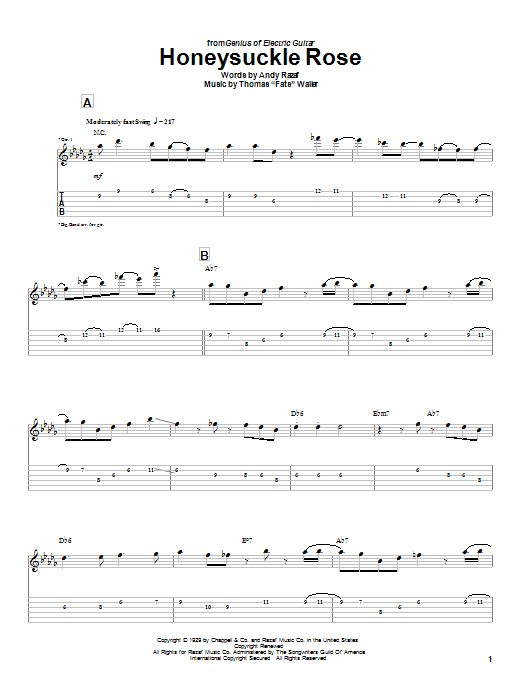 Preview Charlie Christian Honeysuckle Rose Jazz sheet music, notes and chords for Guitar Tab, SKU: 23721 sheet music, piano notes, chords, guitar tabs, score, transpose, transcribe, how to play, guide, download, learn, tutorial, progression, song, artist, awards, billboard, mtv, vh1, tour, single, album, release