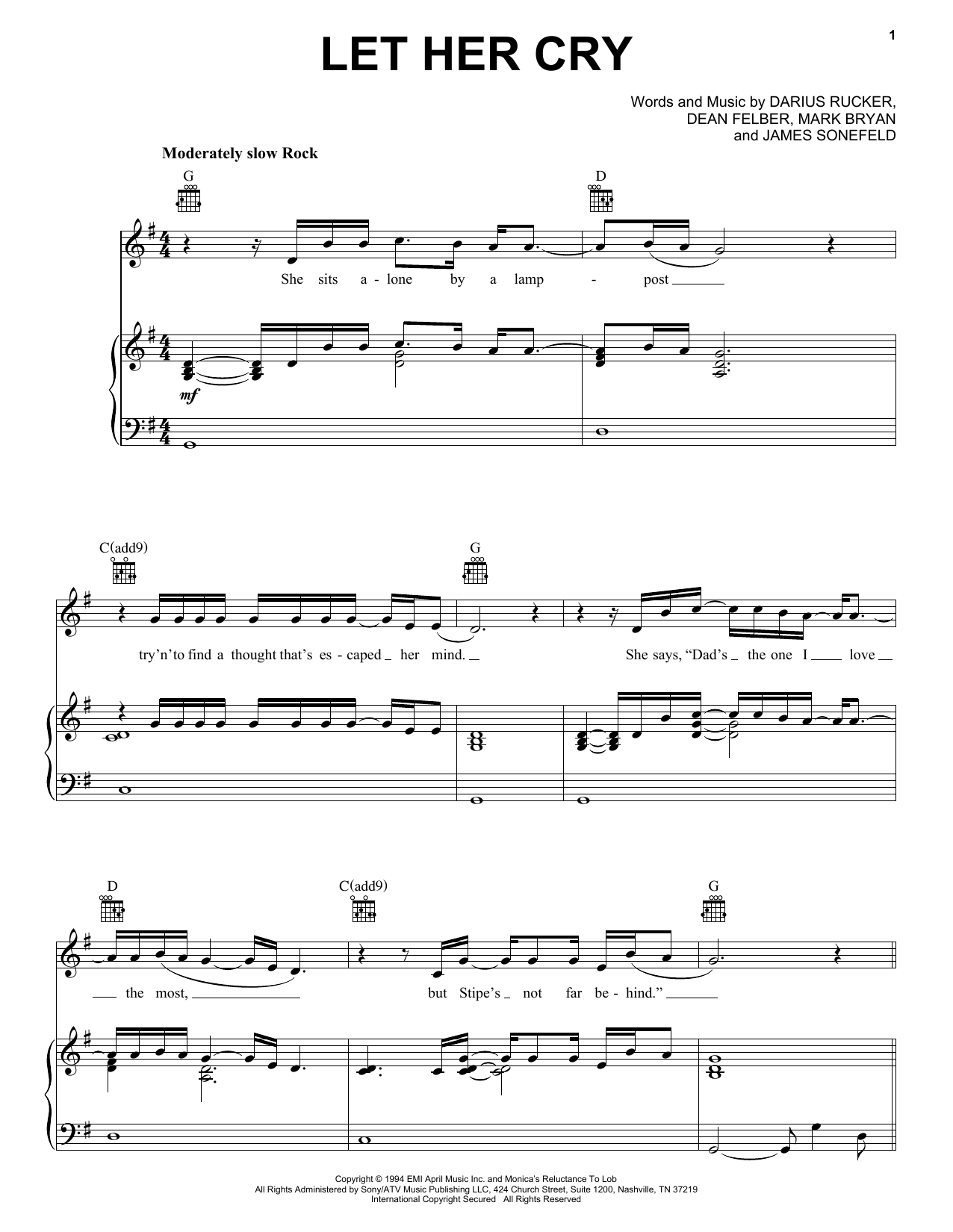 Preview Hootie & The Blowfish Let Her Cry Rock sheet music, notes and chords for Piano, Vocal & Guitar (Right-Hand Melody), SKU: 16624 sheet music, piano notes, chords, guitar tabs, score, transpose, transcribe, how to play, guide, download, learn, tutorial, progression, song, artist, awards, billboard, mtv, vh1, tour, single, album, release