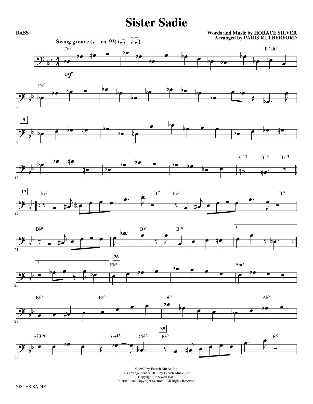 Download Horace Silver Sister Sadie (arr. Paris Rutherford) - Bass sheet music and printable PDF score & Jazz music notes
