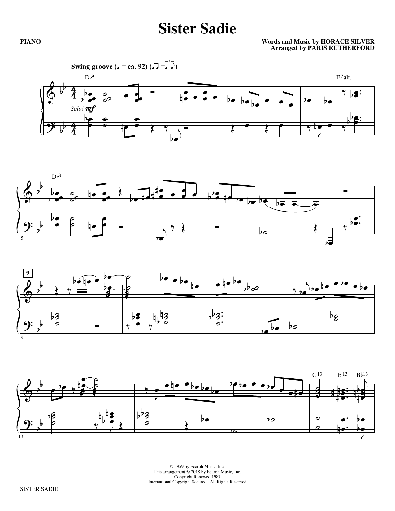 Download Horace Silver Sister Sadie (arr. Paris Rutherford) - Piano sheet music and printable PDF score & Jazz music notes