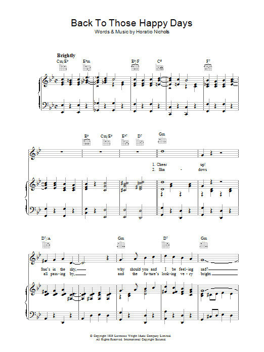 Preview Horatio Nicholls Back To Those Happy Days Pop sheet music, notes and chords for Piano, Vocal & Guitar (Right-Hand Melody), SKU: 37344 Download Horatio Nicholls Back To Those Happy Days sheet music and printable PDF score & Pop music notes