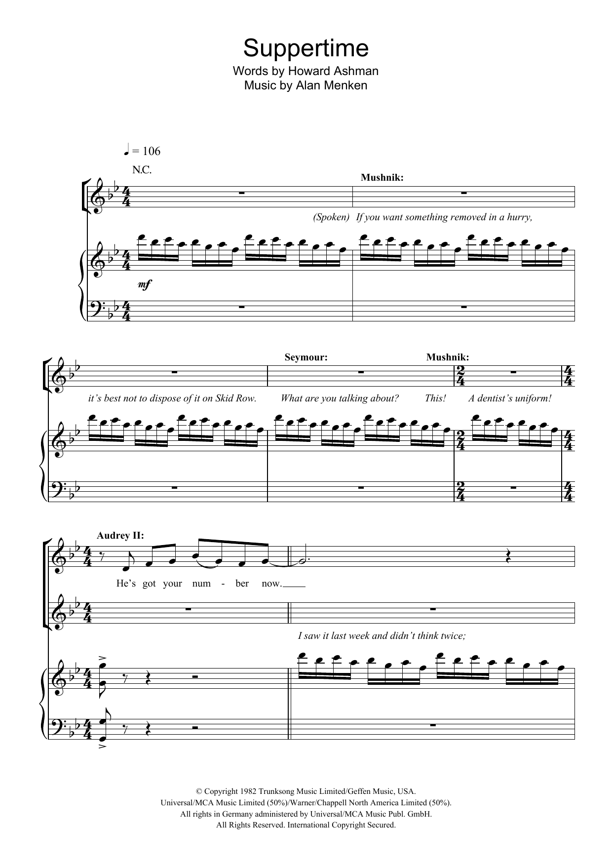 Howard Ashman Suppertime (from Little Shop of Horrors) Sheet Music & Chords for Piano, Vocal & Guitar - Download or Print PDF