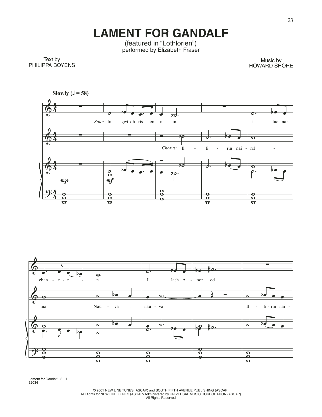 Howard Shore Lament For Gandalf (from The Lord Of The Rings: The Fellowship Of The Ring) Sheet Music & Chords for Piano & Vocal - Download or Print PDF
