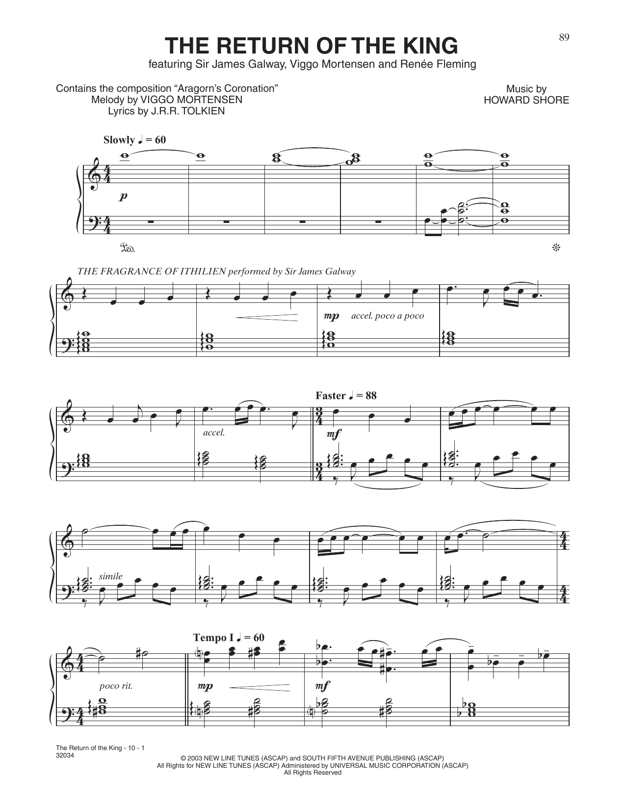 Howard Shore The Return Of The King (feat. Sir James Galway, Viggo Mortensen and Renée Fleming) Sheet Music & Chords for Piano & Vocal - Download or Print PDF