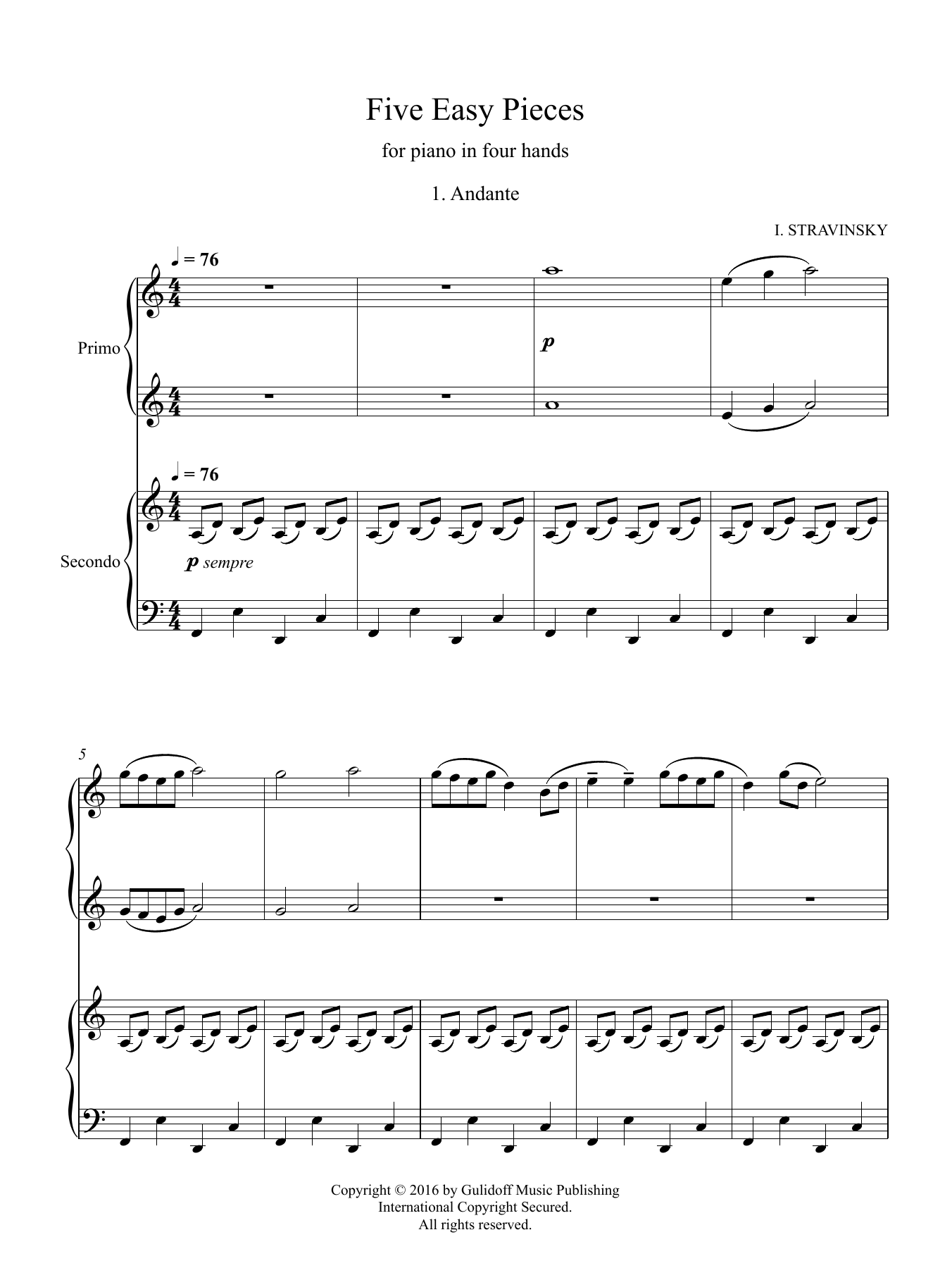 Igor Stravinsky Five Easy Pieces for piano in four hands, No. 1: Andante Sheet Music & Chords for Piano Duet - Download or Print PDF