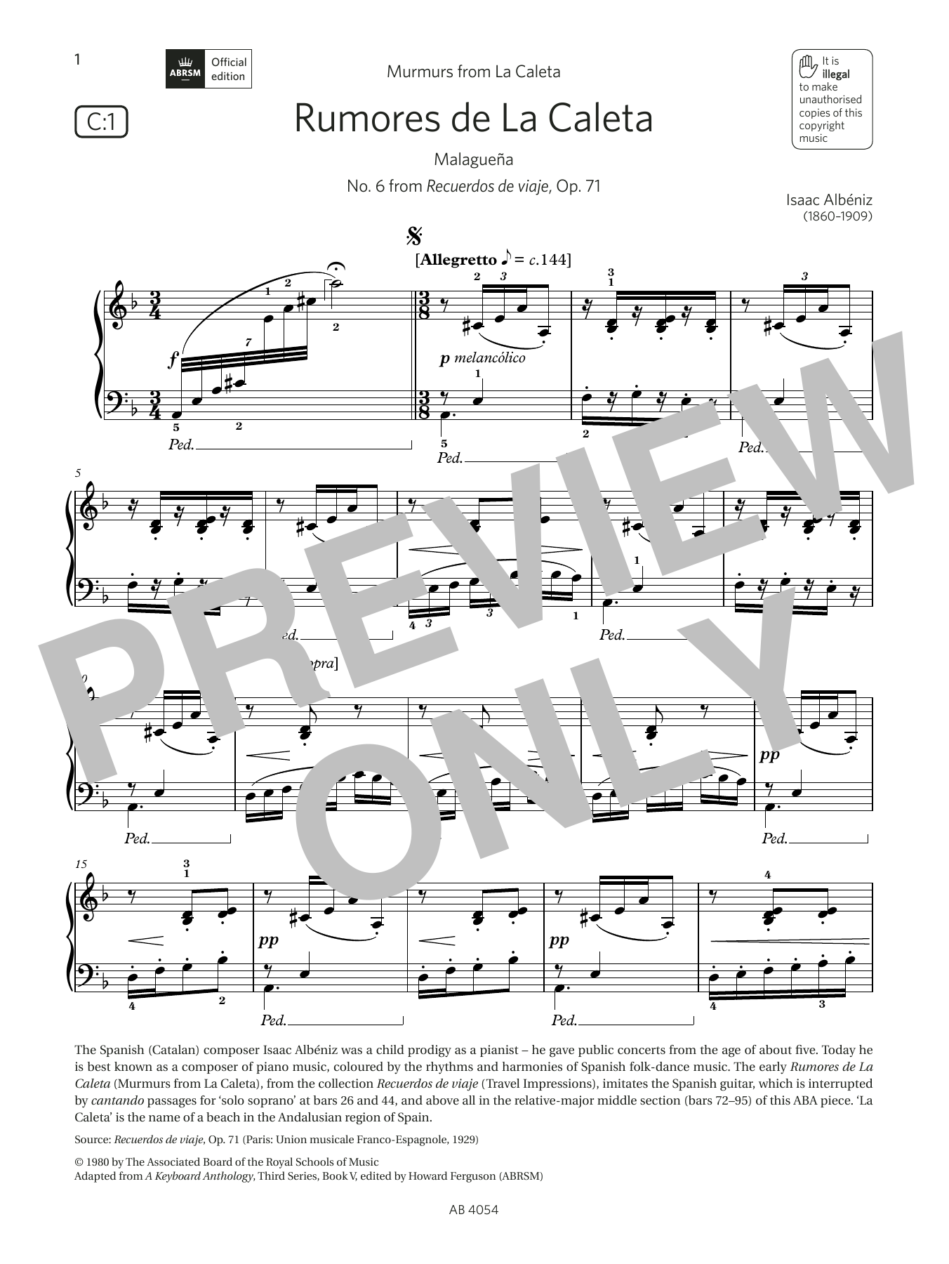 Isaac Albéniz Rumores de La Caleta (Grade 8, list C1, from the ABRSM Piano Syllabus 2023 & 2024) Sheet Music & Chords for Piano Solo - Download or Print PDF