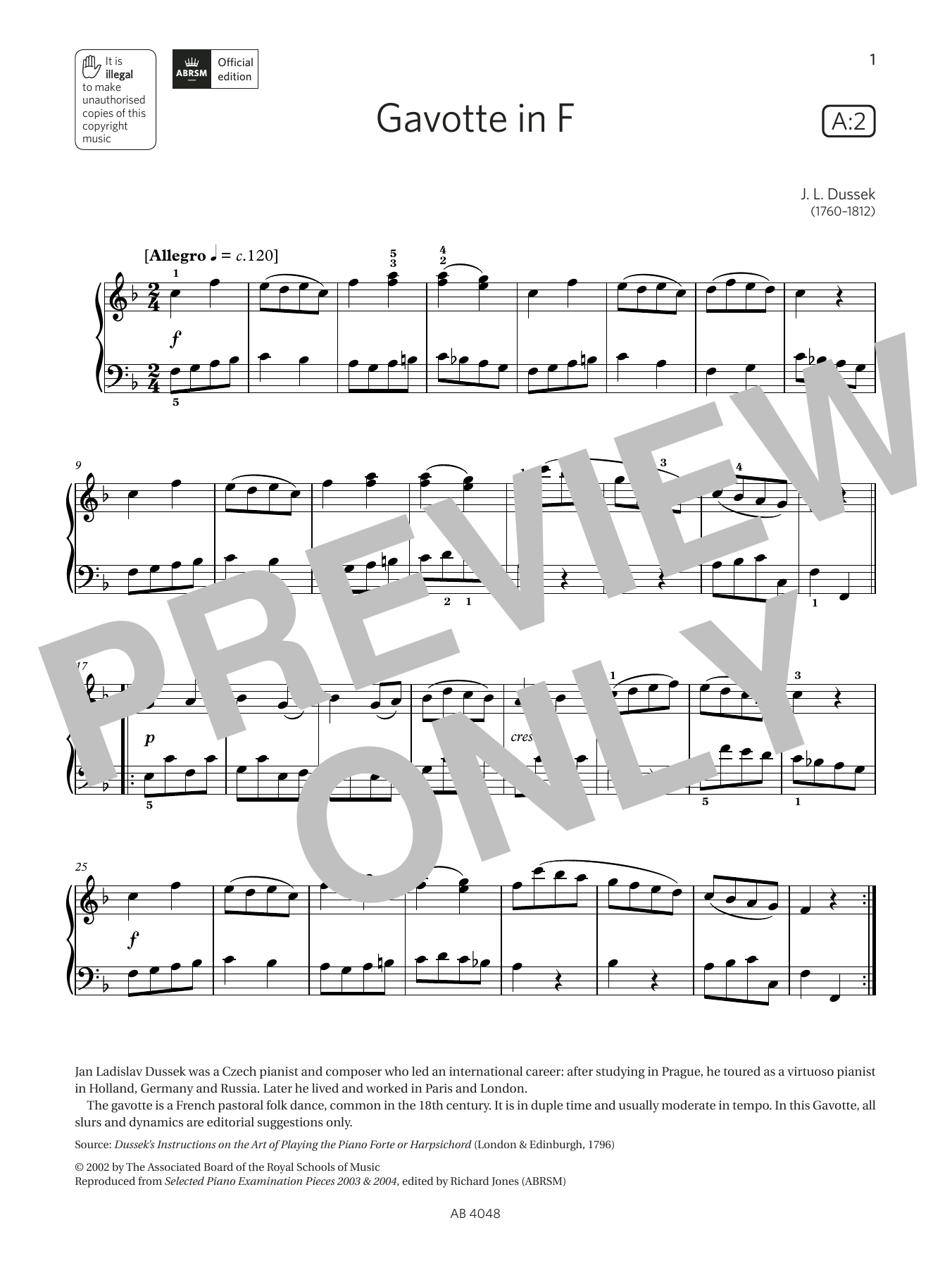 J L Dussek Gavotte in F (Grade 2, list A2, from the ABRSM Piano Syllabus 2023 & 2024) Sheet Music & Chords for Piano Solo - Download or Print PDF