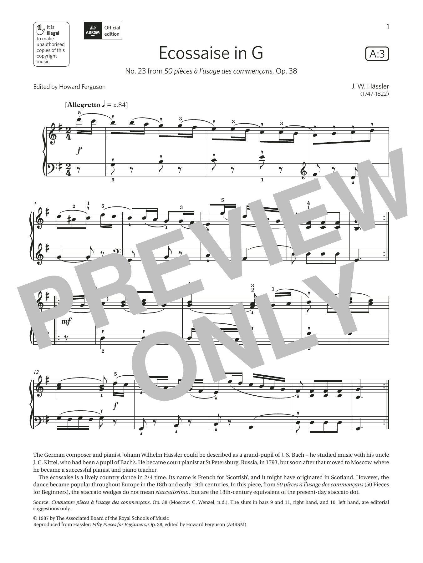 J. W. Hässler Ecossaise in G (Grade 2, list A3, from the ABRSM Piano Syllabus 2021 & 2022) Sheet Music & Chords for Piano Solo - Download or Print PDF