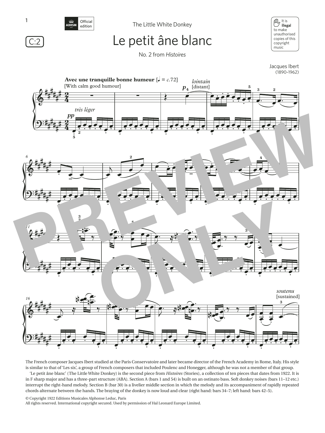 Jacques Ibert Le petit âne blanc (Grade 7, list C2, from the ABRSM Piano Syllabus 2021 & 2022) Sheet Music & Chords for Piano Solo - Download or Print PDF