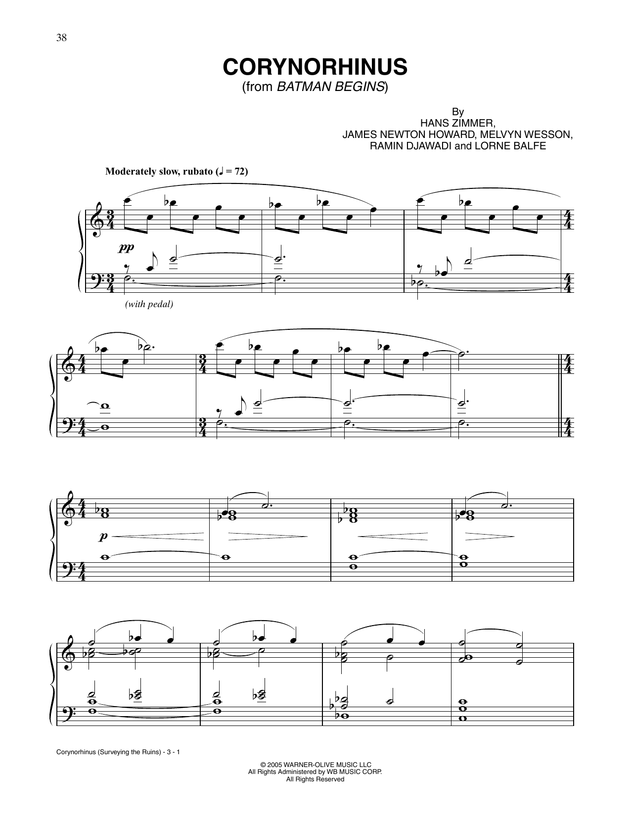 James Newton Howard and Hans Zimmer Corynorhinus (Surveying the Ruins) (from Batman Begins) Sheet Music & Chords for Piano Solo - Download or Print PDF