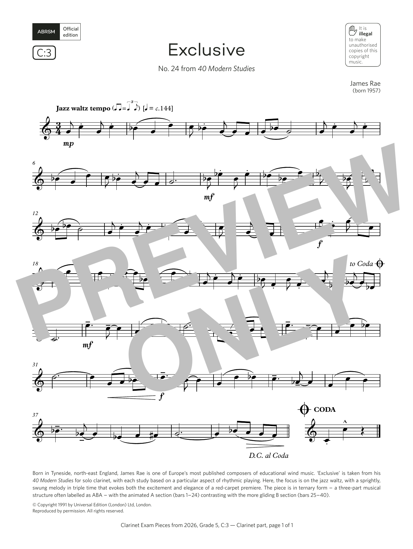 James Rae Exclusive (Grade 5, list C3, from the ABRSM Clarinet Syllabus from 2026) Sheet Music & Chords for Clarinet Solo - Download or Print PDF