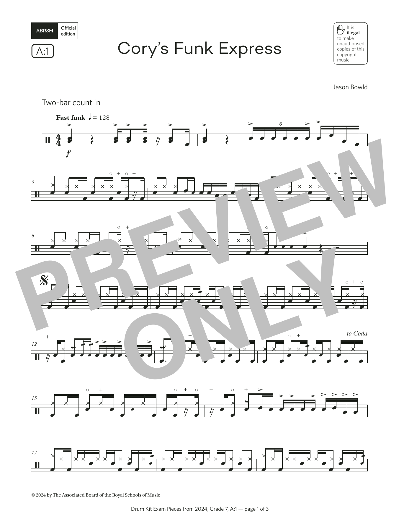 Jason Bowld Cory's Funk Express (Grade 7, list A1, from the ABRSM Drum Kit Syllabus 2024) Sheet Music & Chords for Drums - Download or Print PDF