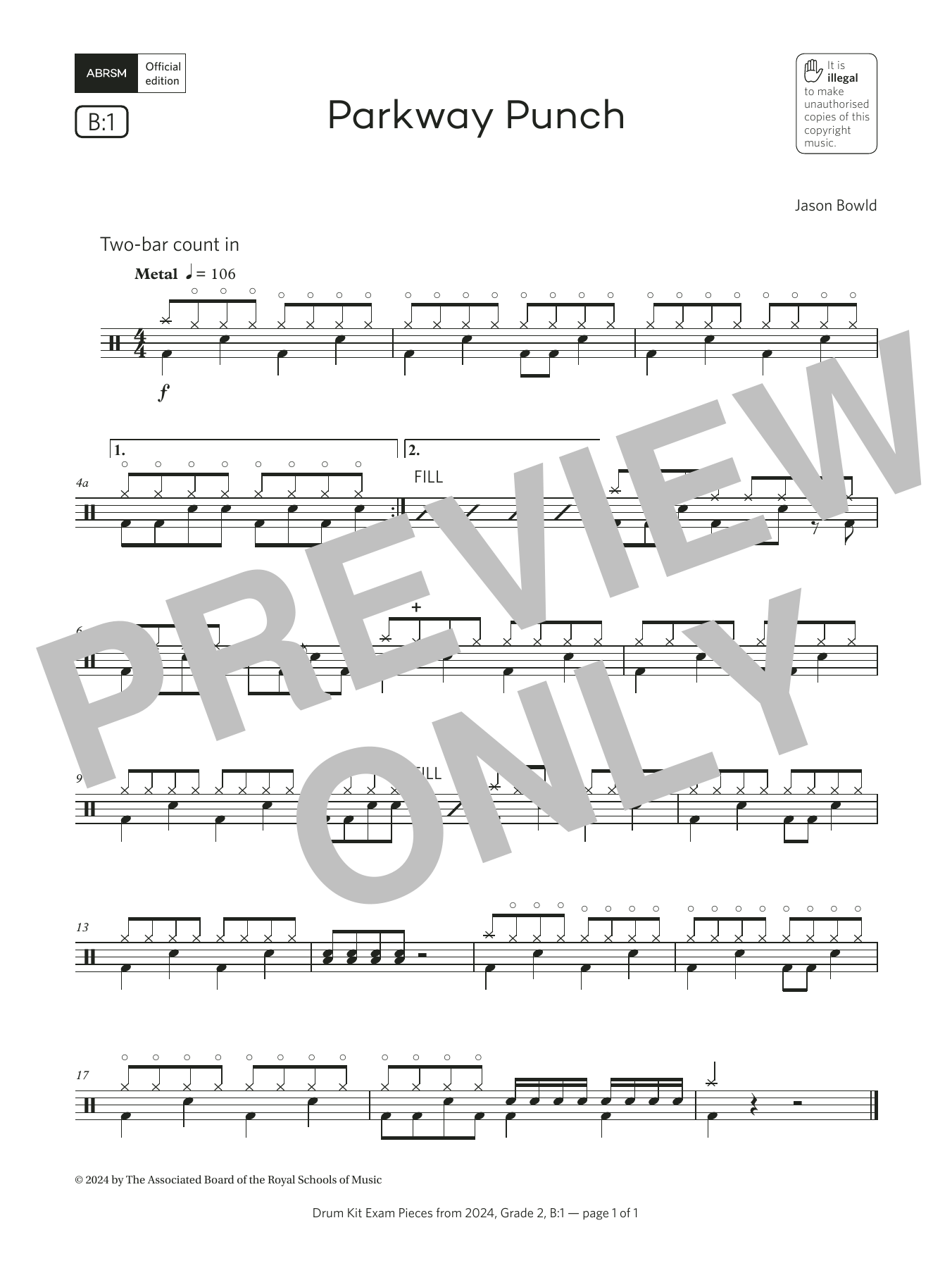 Jason Bowld Parkway Punch (Grade 2, list B1, from the ABRSM Drum Kit Syllabus 2024) Sheet Music & Chords for Drums - Download or Print PDF