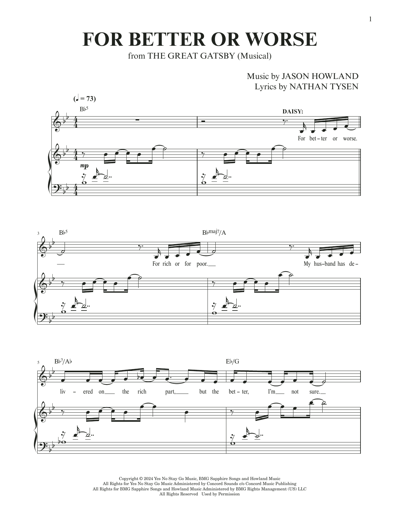 Jason Howland & Nathan Tysen For Better Or Worse (from The Great Gatsby) Sheet Music & Chords for Piano & Vocal - Download or Print PDF