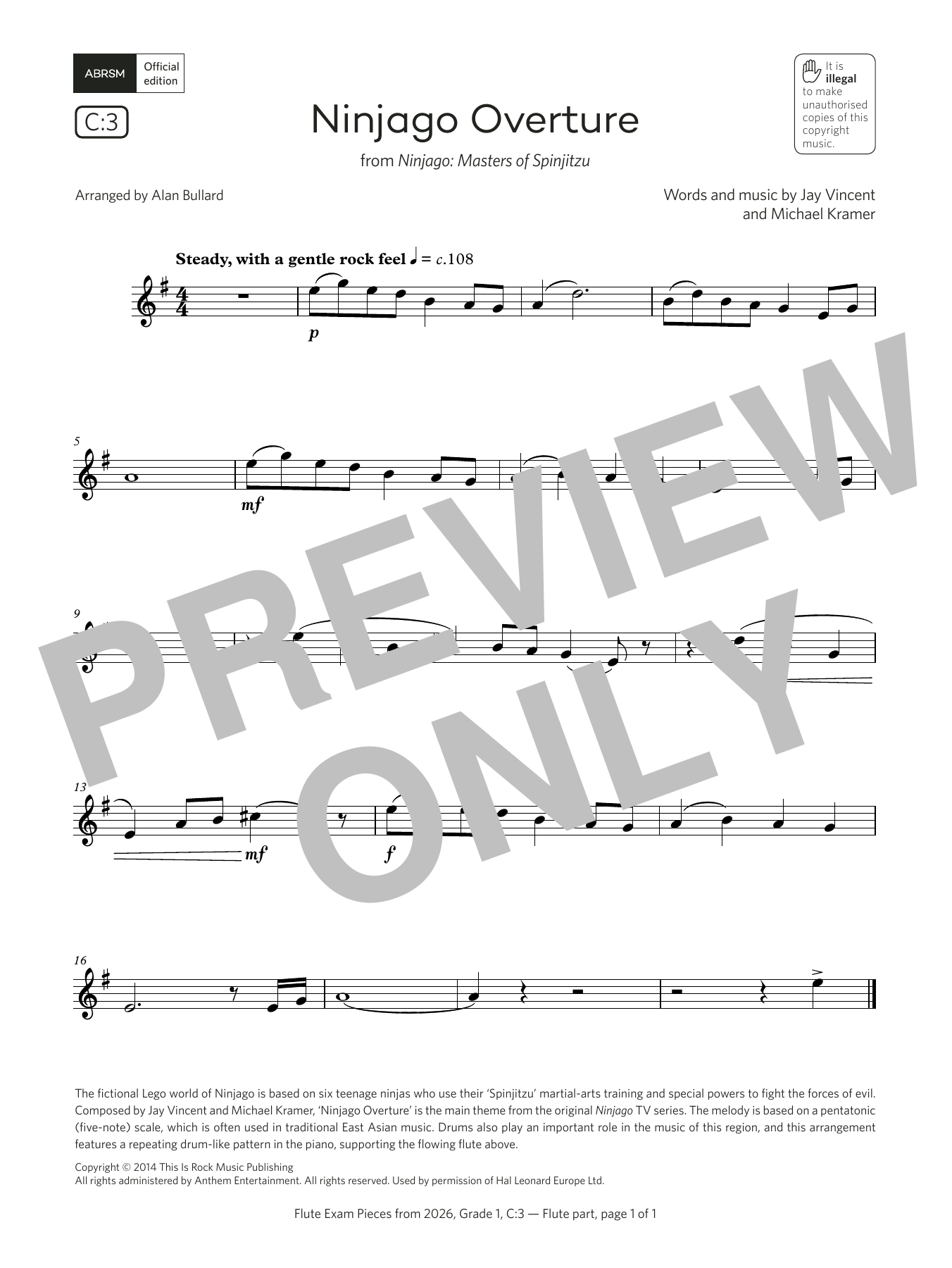 Jay Vincent Ninjago Overture (Grade 1, list C3, from the ABRSM Flute Syllabus from 2026) Sheet Music & Chords for Flute Solo - Download or Print PDF