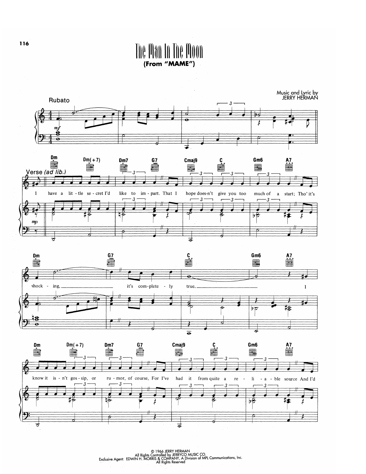 Jerry Herman The Man In The Moon (from Mame) Sheet Music Notes & Chords for Piano, Vocal & Guitar Chords (Right-Hand Melody) - Download or Print PDF Jerry Herman The Man In The Moon (from Mame) Sheet Music & Chords for Piano, Vocal & Guitar Chords (Right-Hand Melody) - Download or Print PDF