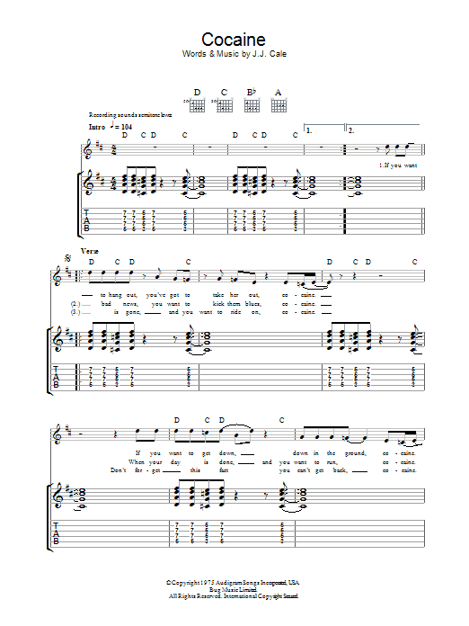 J.J. Cale Cocaine Sheet Music & Chords for Guitar Tab - Download or Print PDF