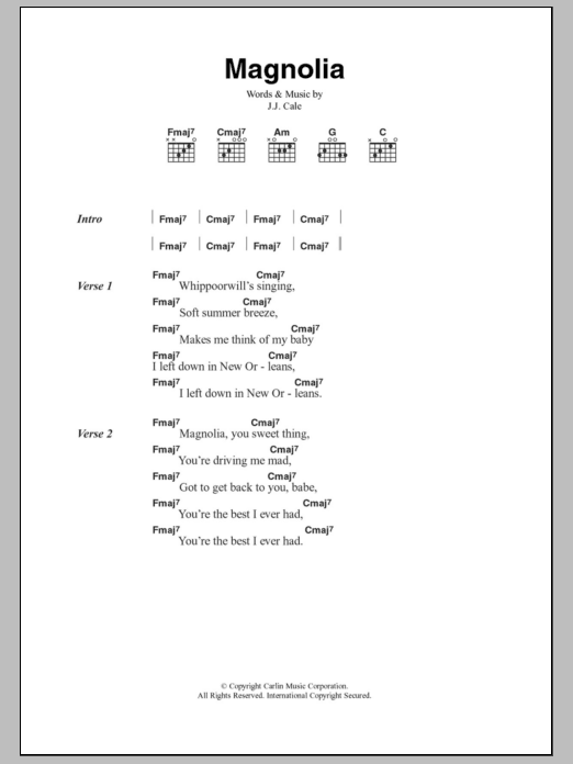 J.J. Cale Magnolia Sheet Music & Chords for Lyrics & Chords - Download or Print PDF