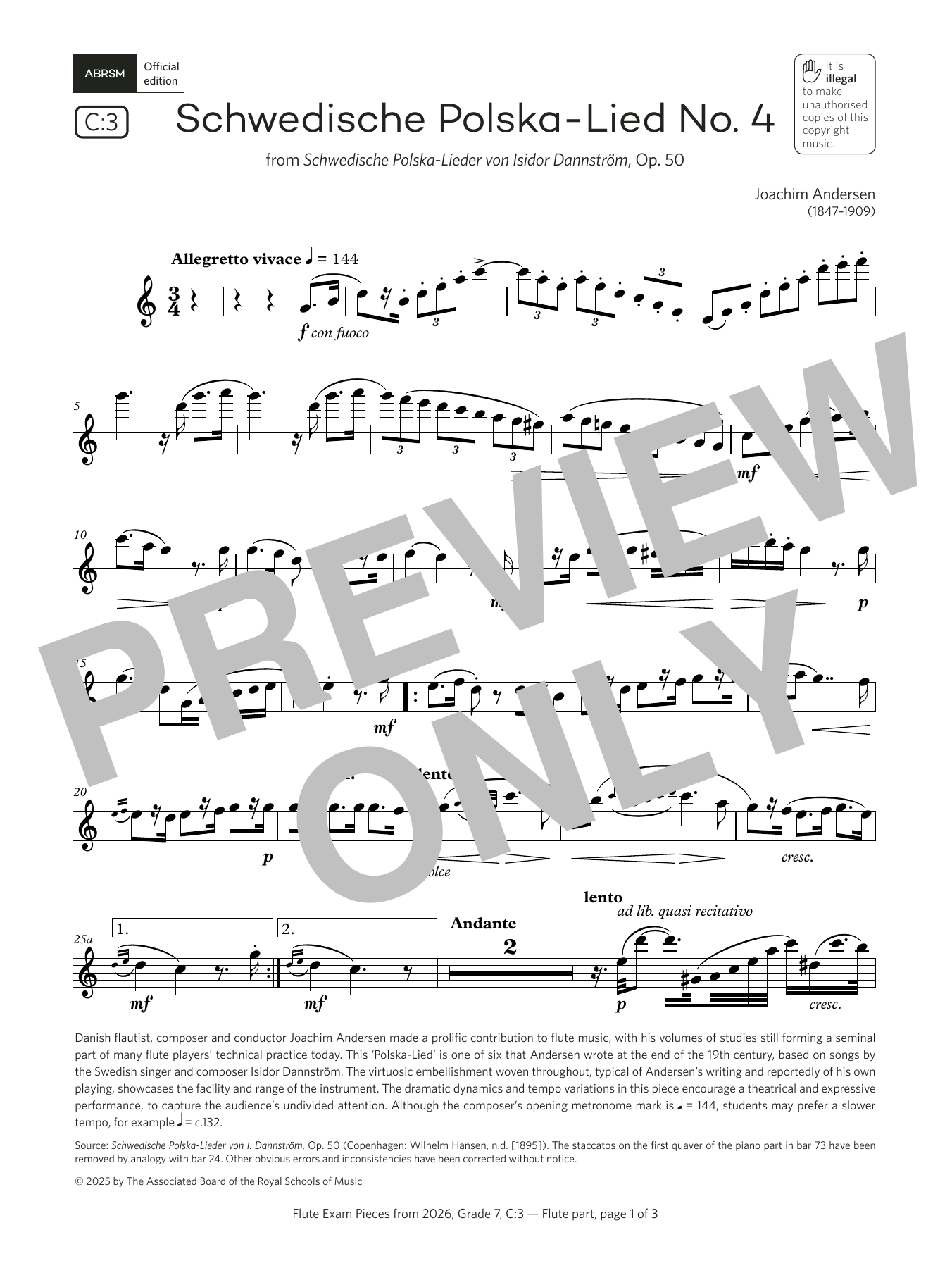 Joachim Andersen Schwedische Polska-Lied No. 4 (Grade 7, list C3, from the ABRSM Flute Syllabus from 2026) Sheet Music & Chords for Flute Solo - Download or Print PDF
