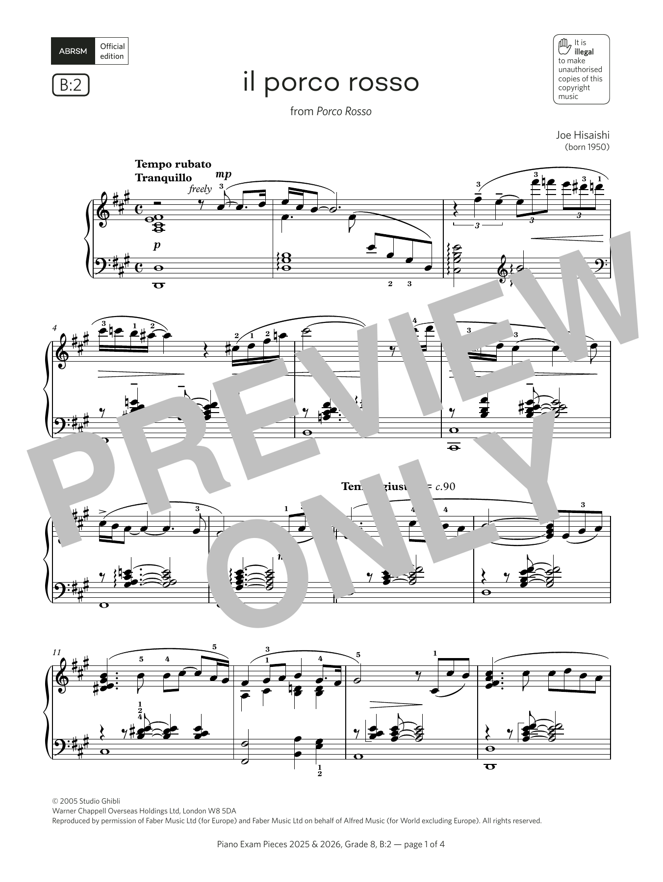 Joe Hisaishi il porco rosso (Grade 8, list B2, from the ABRSM Piano Syllabus 2025 & 2026) Sheet Music & Chords for Piano Solo - Download or Print PDF