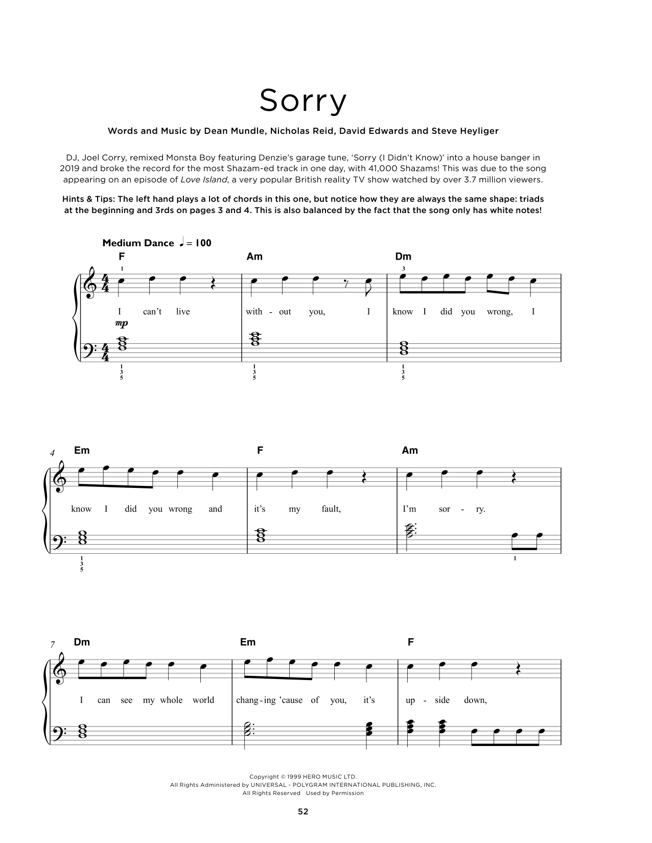 Joel Corry Sorry Sheet Music & Chords for Really Easy Piano - Download or Print PDF