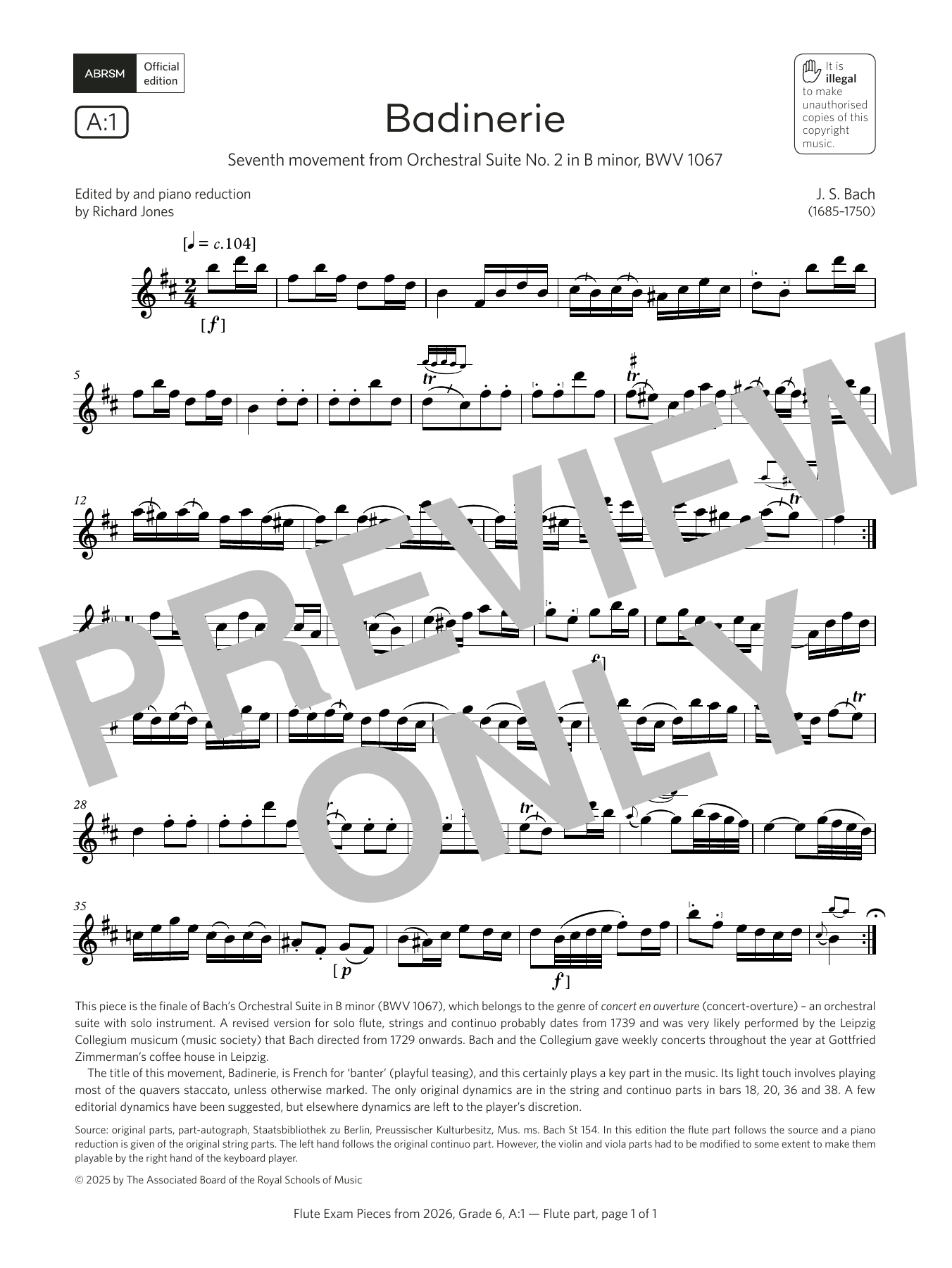Johann Sebastian Bach Badinerie (Grade 6, list A1, from the ABRSM Flute Syllabus from 2026) Sheet Music & Chords for Flute Solo - Download or Print PDF