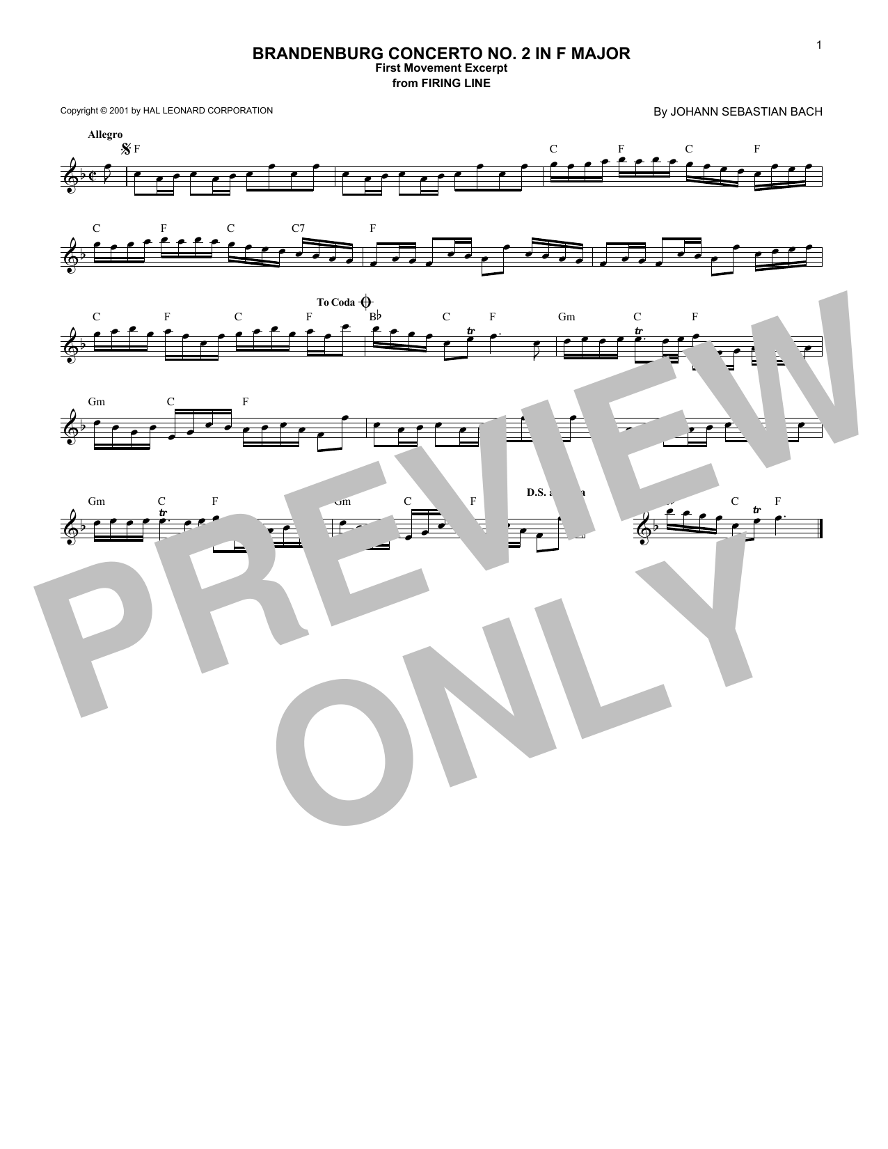 Johann Sebastian Bach Brandenburg Concerto No. 2 in F Major, First Movement Excerpt Sheet Music & Chords for Piano Solo - Download or Print PDF